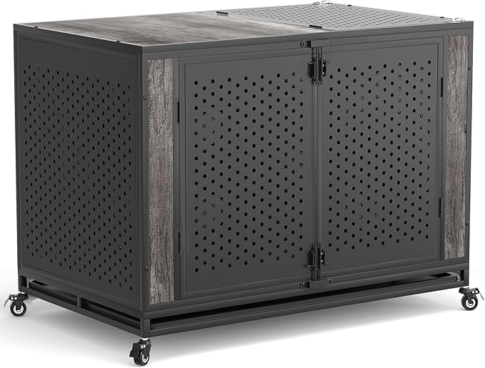 48" Heavy Duty Dog Crate Furniture for Extra Large Dogs, Enclosed Design with 0.5 inch Holes, Indestructible Metal Kennel for High Anxiety Dogs, Chew Proof Pet House Cage Indoor, Gray-Mewly Pet