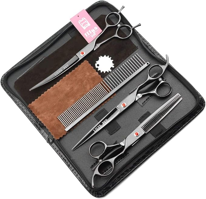 LILYS PET Professional PET Grooming scissors Kit,Coated Titanium,Sharp and Strong Stainless Steel Blade for Dogs Cats Hair Cutting,3 Pieces of Scissors with a Comb and a Case (7.5 inches, Black)-Mewly Pet