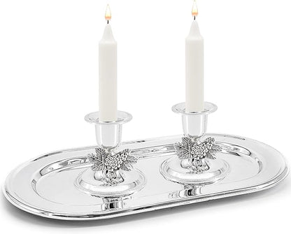 The Dreidel Company Shabbat Candlesticks Candle Holders Silver Plated, Grape Design 2 Candlesticks (1 Set)