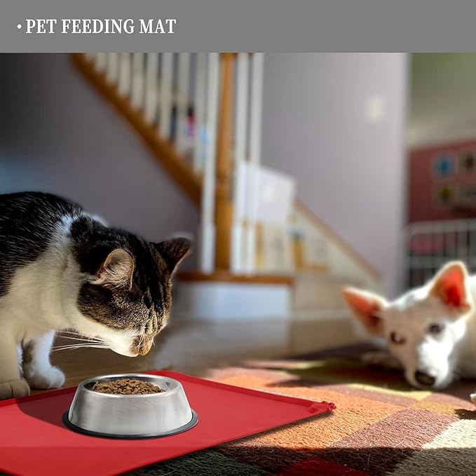 Waterproof Pet Feeding Mat with High Raised Edges, Heavier and Thicker Placemats for Cat Dog Water Bowl with BPA Free, Dogs Cats Food Mats for Messy Drinkers to Prevent Spill and Protect Floors-Mewly Pet