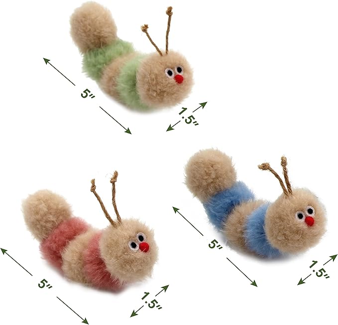 Interactive Natural 3 PK Catnip Toy, with Rattle, Bite Resistant, for All Ages Indoor Cat, Soft Caterpillar Toys, Fluffy Kitten Toy-Mewly Pet