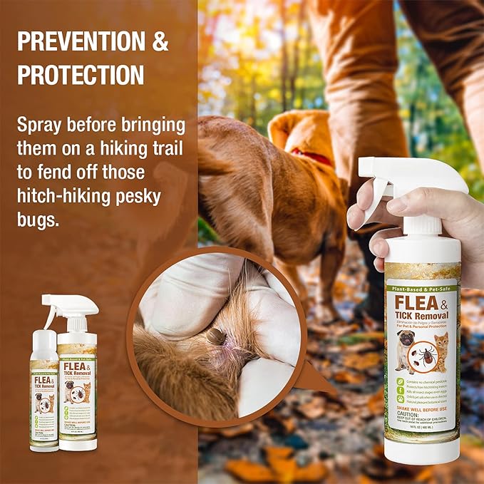 EcoVenger Flea & Tick Removal Spray 16oz for Dogs and Cats, Protects from Fleas, Mites, Ticks & Mosquitoes, eliminates+ Repels+ Housekeeping, Indoors/Outdoors, Plant-Based Formula Safe for Pets & Kids-Mewly Pet