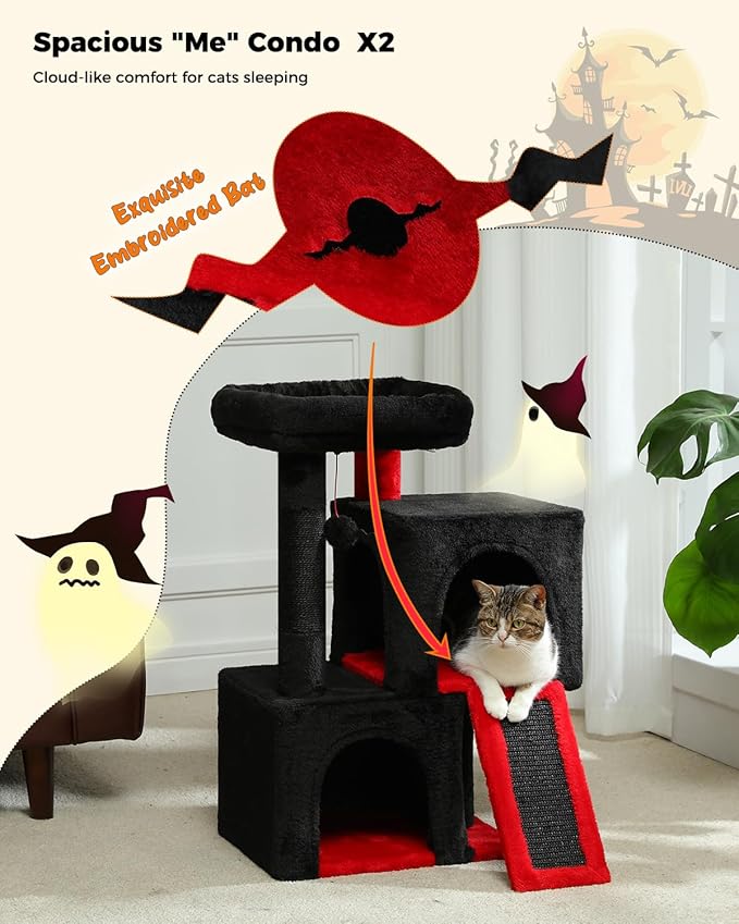PAWZ Road Gothic Cat Tree, 30 Inches Black Cat Tower with Dual Condos for Indoor Cats, Spooky Cat House with Padded Perch, Scratching Ramp and Posts and Bat Toys-Mewly Pet
