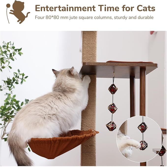FUKUMARU Cat Tree, 4 in 1 Large Modern Cats Tower with Jute Scratching Post and Hammock, Wood Cat Condo with silvervine Balls, Brown Cat Climber Stand Playhouse for Indoor Cats, Retro Style-Mewly Pet