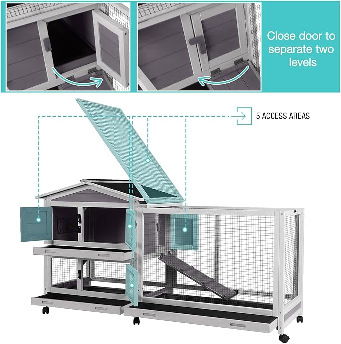 62" Rabbit Hutch with Chew-Proof Ramp & Waterproof Roof - Indoor/Outdoor Bunny Cage, 2-Story Design, 6 Lockable Caster Wheels & Dual Pull-Out Trays (Grey)-Mewly Pet