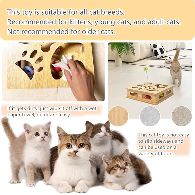 Interactive Wooden Cat Puzzle Toy Box Indoor Hunting Play Toy to Stimulate Your Cat’s Energy and Instincts (Burlywood)-Mewly Pet
