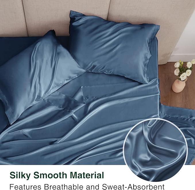Love's cabin Full Size Satin Sheet Sets - 4 Piece Ash Blue Silky Sheet Set Full with Deep Pocket, Luxury Silk Feel Bed Sheets Full Bedding Set (1 Flat Sheet,1 Fitted Sheet,2 Pillow Cases)