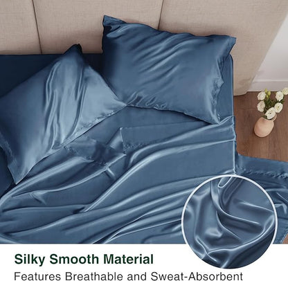 Love's cabin Satin Queen Sheets Set - 4 Piece Ash Blue Silky Bed Sheets Set with Deep Pocket, Luxury Silk Feel Satin Queen Size Sheet Set (1 Flat Sheet,1 Fitted Sheet,2 Pillow Cases)