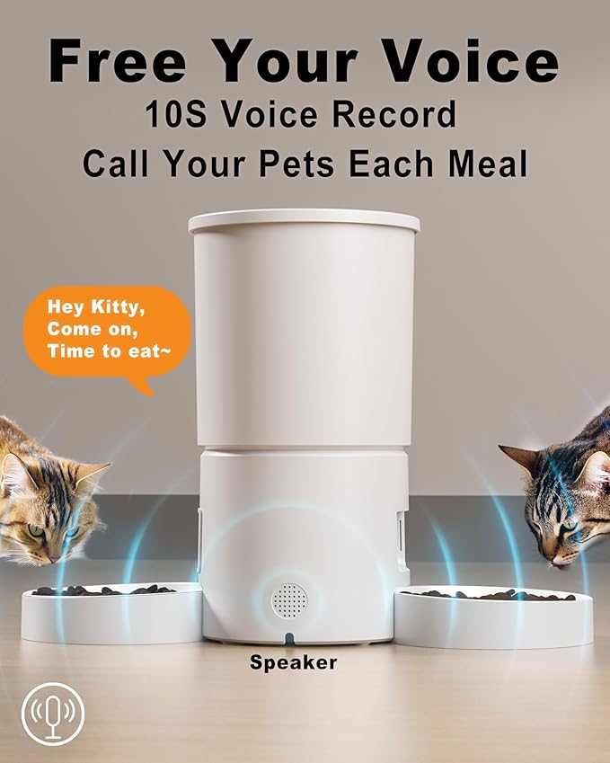 Dual Automatic Cat Feeder 2 Cats,6 Meals/Day,12 Portions/Meal,4.2L Dual Power Double Bowls Feeder,Dry Food Auto Pet Dispenser,10S Voice Record,Flexible Schedule Timer (White,Basic Dual Bowls)-Mewly Pet