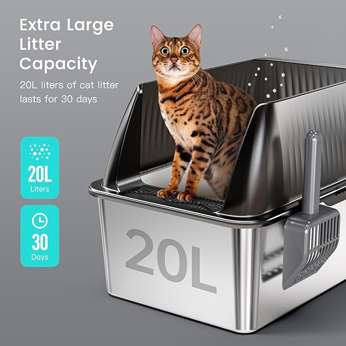 Tripamin 15” XL Stainless Steel Cat Litter Box Enclosure, XXL Stainless Steel High Sides with Lid, Extra Large Metal Cat Litter Box (Translucent Black, XX-Large)-Mewly Pet