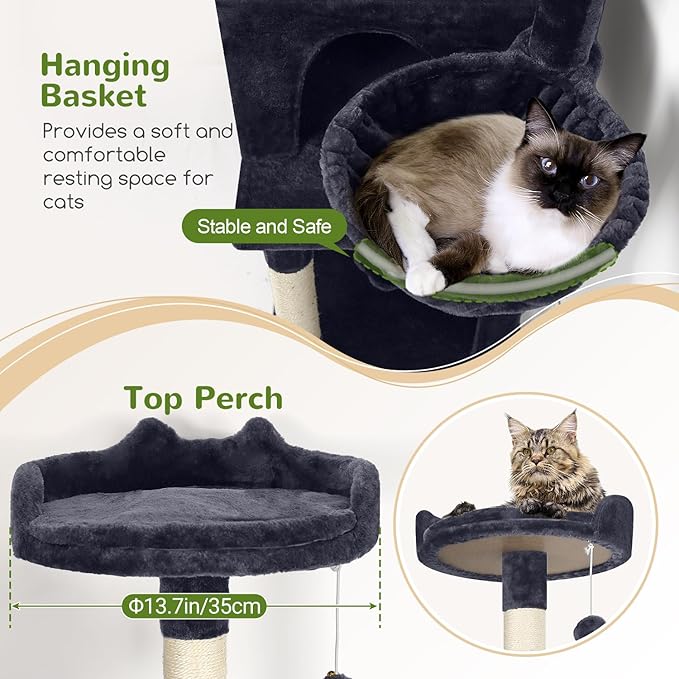 Globlazer Cat Tree, 70 inch Tall Scratching Tower Multi-Level Cat Condo for Indoor Multiple Cats with 2 Large Cat Caves, Top Perch, Large Platform, Bottom Swing, F70B, Dark Grey-Mewly Pet