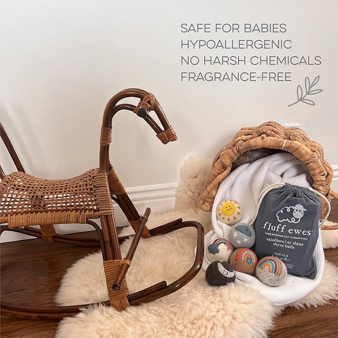 Fluff Ewes Wool Dryer Balls 6 Pack Premium New Zealand Wool Laundry Balls for Dryer, No Static Dryer Balls Laundry Reusable, XL Wool Dryer Balls Cute, Baby Dryer Balls for Dryers - Rainbow or Shine-Mewly Pet