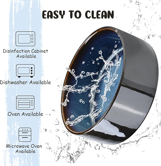 SPUNKYJUNKY 15° Slanted Ceramic Dog and Cat Bowl with Wooden Stand, Tilted Bulldog Food and Water Bowl No Slip Non-Spill for Cats Medium Dogs Big Face Pets 13.5 OZ (1.7 Cups, Starry Blue × 2)-Mewly Pet