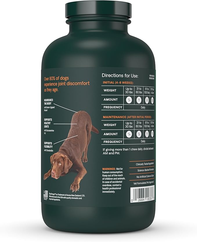 VetriScience Ultimate Strength Healthy Hip & Joint Chewable Tablets, GlycoFlex Glucosamine, Chondroitin and Green-Lipped Mussel Joint Supplement for Dogs, Soothe Joint Discomfort, Chicken, 120 Count-Mewly Pet