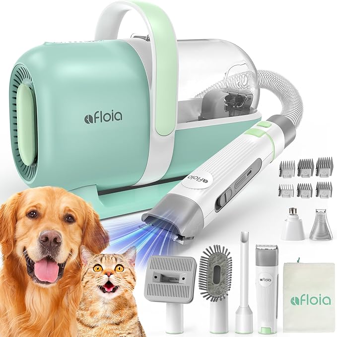 Afloia 6-in-1 Dog Grooming Kit, Pet Grooming Vacuum for Shedding, Dog Hair Vacuum with Clipper Nail Trimmer Grinder, Pet Brush Groomer at Home, Low Noise Cats Hair Remover, 1.5L Dust Cup, Green-Mewly Pet