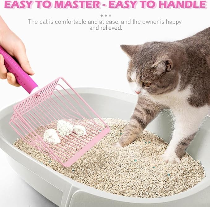 Cat Litter Scoop, 2-in-1 Detachable Ergonomic Handle, Metal, Bar Grid Shape with Suspendable Cord (Pink)-Mewly Pet