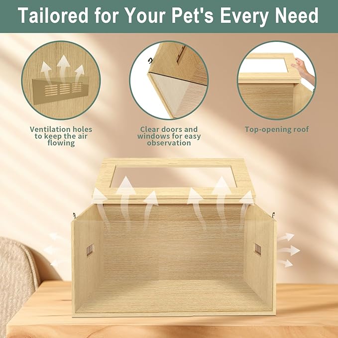 24" Hamster Cage, Top Opening Lockable Roof Door Gerbil Cage, Dwarf Hamster Cage with Hygrometer, Mice and Small Animal Habitat, Chewproof Syrian Hamster Enclosure, (Wooden, 24" L x 16" W x 16" H)-Mewly Pet