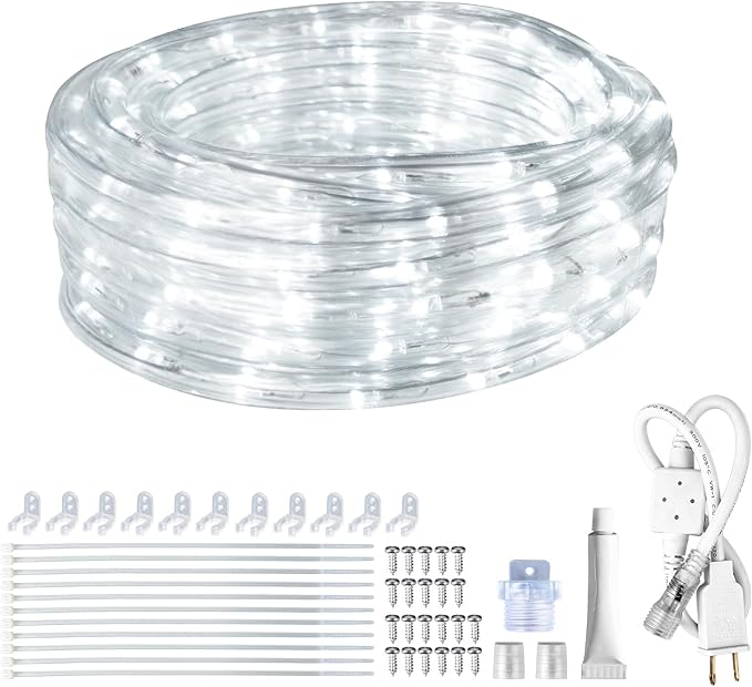 SURNIE Rope Lights Outdoor Waterproof Daylight White: LED 18FT Cuttable Outside Bright 110V Lighting 6000K Flexible Cool Clear Tube, Indoor Deck Patio Xmas Camping Decor, Not Flat Strip