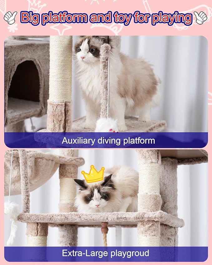 Cat Tree, Cat Tower for Large Cats with 2 Big Platforms, 2 Baskets, condo and Toys, 63" Cat Scratching Posts for Indoor Cats, Muchroom GCT020MU-Mewly Pet