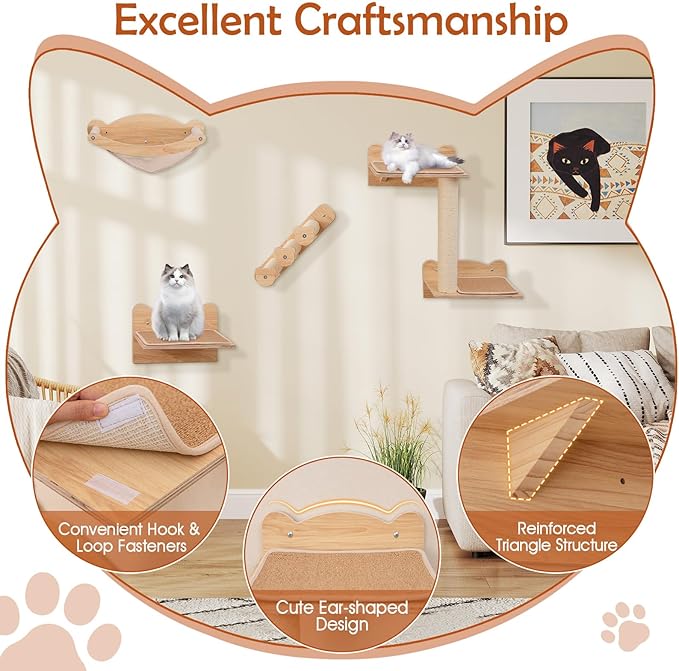 Tangkula Cat Wall Shelves, Wall Mounted 4pcs Kitten Furniture Set with Hammock, 2-Step Kitty Tree, Perch, Non-Slip Carpet Mat, Sisal Stairs & Scratching Posts, Wooden Cat Climber Steps (Natural)-Mewly Pet