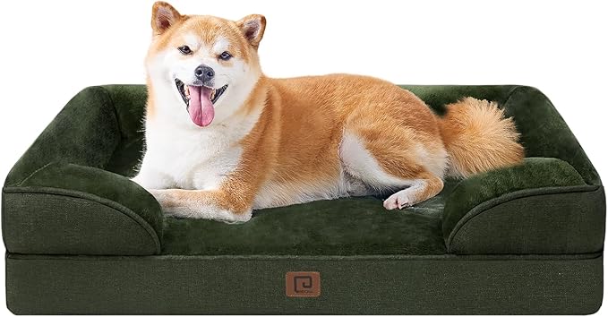 EHEYCIGA Orthopedic Dog Beds for Large Dogs, Waterproof Memory Foam Large Dog Bed with Sides, Non-Slip Bottom and Egg-Crate Foam Pet Couch Bed with Washable Removable Cover, Dark Green-Mewly Pet