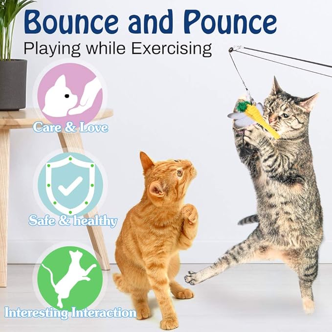 Pawaboo Cat Feather Toys, 4 Pack Interactive Cat feather Teaser Wand Toys, Retractable Fishing Pole Wand Catcher Exerciser with Refill Fish, Dragonfly Worm with Bells, Fun Cat Kitten Kitty Playing Toy-Mewly Pet