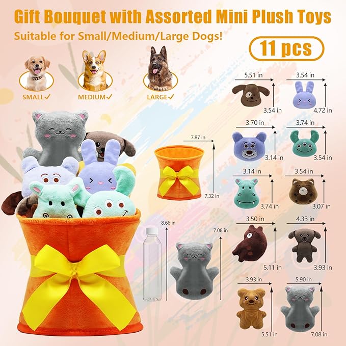 Squeaky Dog Toys, 11 Pcs Interactive Dog Plush Toy Collection in Flower Bouquet Packaging,10 Adorable Animal Plushies for Endless Play & Training-Mewly Pet