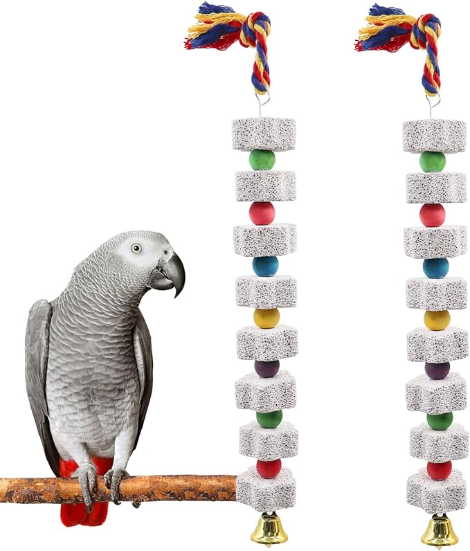 2 Pack Mineral Block Chew Toys with Colorful Beads and a Bell, Bird Beak Grinding Stone, Cage Accessories for African Grey, Budgies, Cockatiels, Small to Medium Birds-Mewly Pet