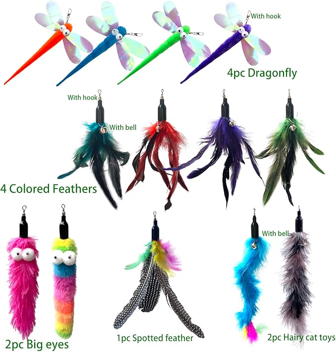 Cat Worm & Dragonfly Teaser Wand Attachments - 13 Pcs Assorted Refills with Bell-Mewly Pet