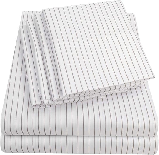 King Size Bed Sheets - 6 Piece 1500 Supreme Collection Fine Brushed Microfiber Deep Pocket King Sheet Set Bedding - 2 Extra Pillow Cases, Great Value, King, Pinstripe White