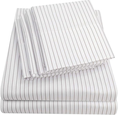Full Size Bed Sheets - 6 Piece 1500 Supreme Collection Fine Brushed Microfiber Deep Pocket Full Sheet Set Bedding - 2 Extra Pillow Cases, Great Value, Full, Pinstripe White