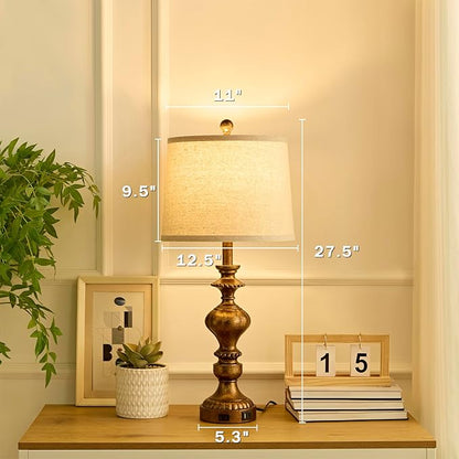 27.5" Farmhouse Table Lamps Set of 2 Bedside Nightstand Lamp with USB C+A Ports & AC Outlet, 3 Way Dimmable Touch Lamps for Bedroom Living Room Office Rustic Lamp (Rotary Switch-Copper)