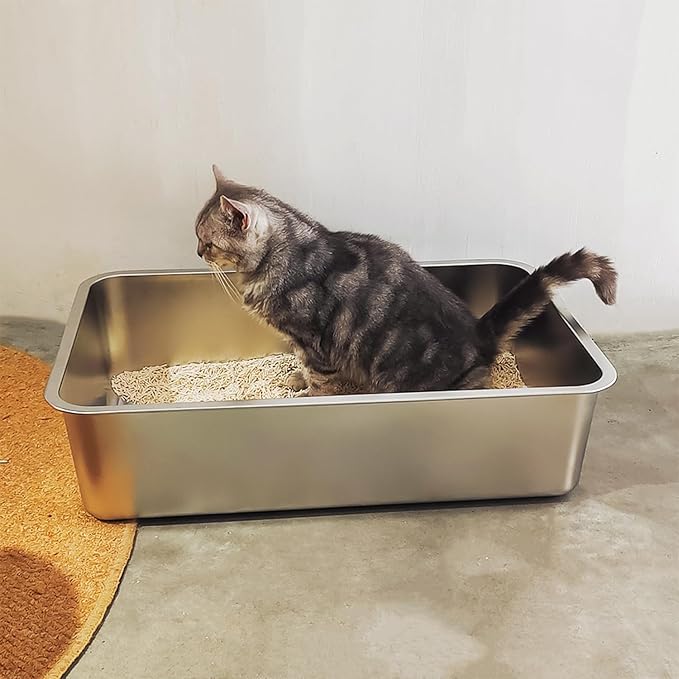 IKITCHEN Stainless Steel Cat Litter Box, Large Metal Litter Box for Cats, Never Absorbs Odors,Stain Free, Rustproof, Non Stick Smooth Surface 23.5" L x 15.5" W x 6" H-Mewly Pet