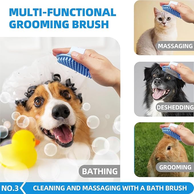 Bath Grooming Kit with Hair Brush, Towel & Scrubber Gloves - 6-in-1 Slicker Brush for Shedding Dogs & Cats, Blue-Mewly Pet