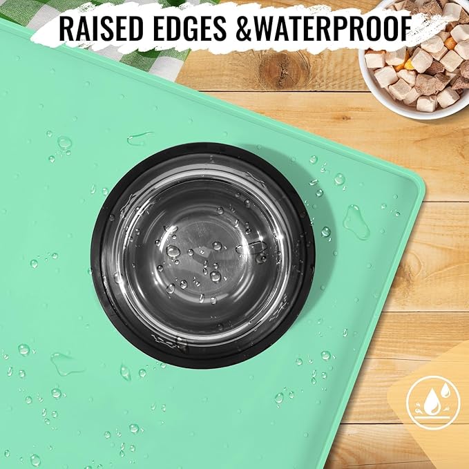 MateeyLife Dog & Cat Food Mat - Waterproof, Nonslip, Raised Edges, Silicone Tray for Messy Drinkers, 24"x16", Mint Green-Mewly Pet
