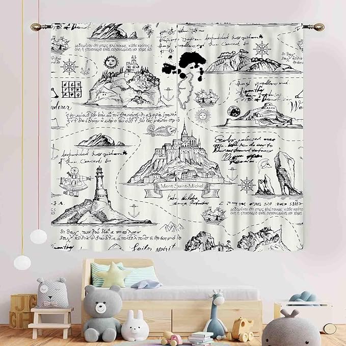 Vintage Nautical Curtains, Marine Coastal Sailboat Compass Anchor Ocean Beach Old Pirate Map Retro Window Drapery Treatments for Bedroom Living Room Kitchen Bathroom 2 Panels, 63"x72" Inch