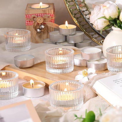 18 pcs Clear Tealight Candle Holders with 18PCS Tealights Candles, Glass Votive Candle Holders Set for Table Centerpiece, Home Decor and Party Supplies