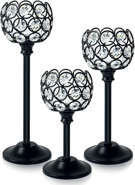 Crystal Metal Tealight Candlestick, Bling Bowl Candelabras, Tall Crystal Votive Candle Holders Elegant Crystal Candle Centerpiece for Dining Table Wedding Decor (Set of 3, Balck)