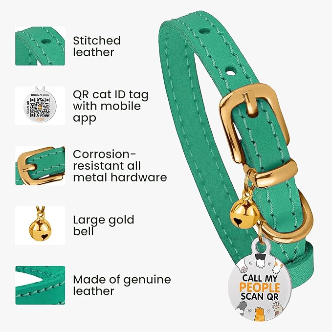 BRONZEDOG Leather Cat Collar with Removable Bells Non Breakaway Kitten QR Tag for Girl Boy (7" - 9" for Cats, Green & Gold)-Mewly Pet