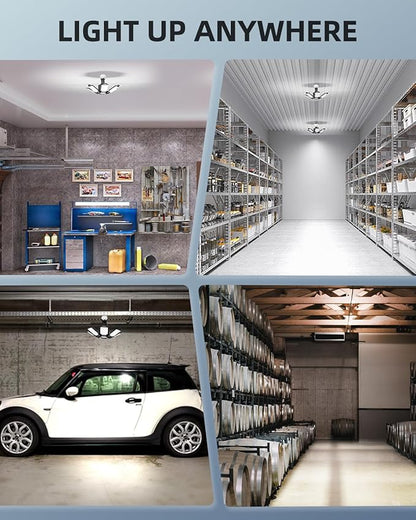 Adiding Rotatable LED Garage Light 4 Pack, 48000Lm Super Bright Basement Lighting Fixture w/ 6 Adjustable Panels Screw in E26 E27 Bulb Base for Workshop Attic Barn Ceiling Warehouse Gym Utility