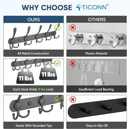 TICONN Wall Mounted Coat Rack, Five Heavy Duty Tri Hooks All Metal Construction for Jacket Coat Hat in Mudroom Entryway (Space Gray, 2-Pack)