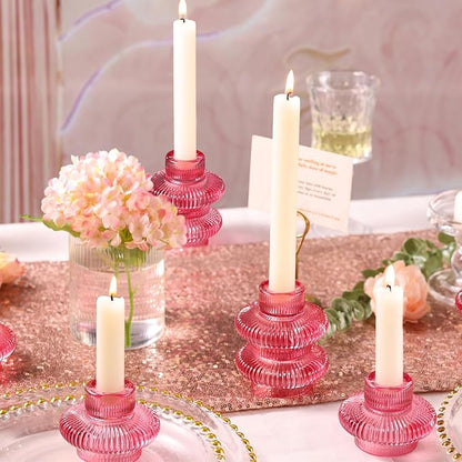 Pink Candlestick Holders Set of 10, Pink Glass Candle Holders for Pillar Candles, Taper Candle and Tealight Candles, Taper Candle Holders for Wedding, Table Centerpiece
