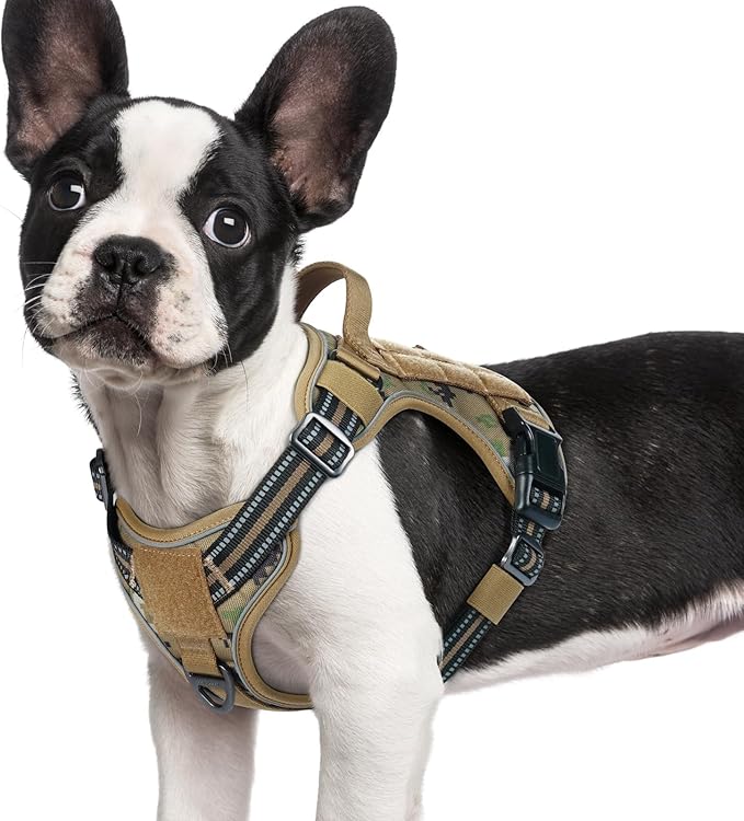 rabbitgoo Dog Harness Small Sized No Pull, Tactical Service Pet Vest with Molle and Control Handle, Adjustable and Reflective Military Harness for Easy Walking and Training, Brown camo, S-Mewly Pet