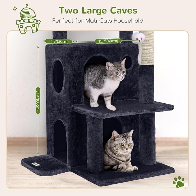 Globlazer Cat Tree Tower for Indoor Cats, 50-inch Adult Cat Tree House for Large Adult Cats with Steps, Scratching Post, 2 Cat Caves, Dangling Toys, FC50, Dark Grey-Mewly Pet