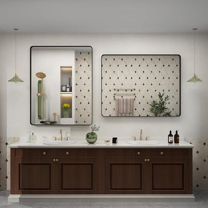 40x30 Black Bathroom Mirror, Matte Framed Bathroom Vanity Mirror for Wall, Modern Rectangle Mirror, Rounded Corners, Tempered Glass (Horizontally/Vertically)