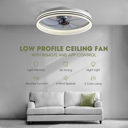 Ceiling Fans with Lights, Flush Mount Ceiling Fan with Lights and Remote, 6 Wind Speeds Smart Low Profile Ceiling Fan for Bedroom, Dining Room and Kitchen 20" (White)