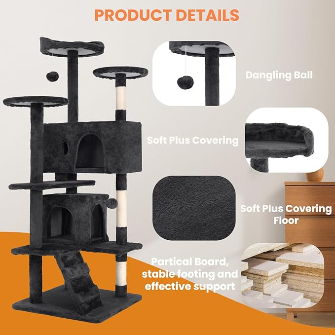 54.7 inches Cat Tower for Indoor Cats, Multi-Level Cat Condos with Scratching Posts, Hanging Toys, Dark Gray-Mewly Pet