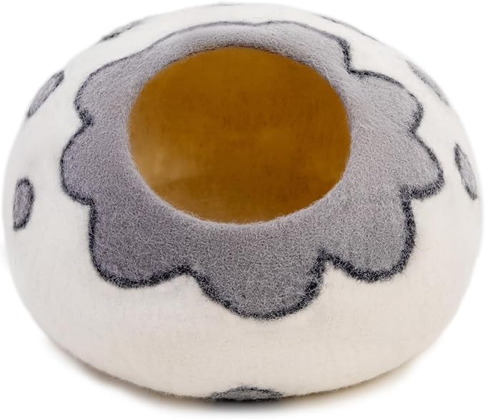 Woolygon Premium Felt Cat Cave Bed – Wool Kitty Beds Handcrafted Kitten Caves Bed for Indoor Cats - Made from 100% Eco-Friendly Merino Wool, Foldable Cat Hidewawy Covered Cat House Pod (Flower Collar)-Mewly Pet