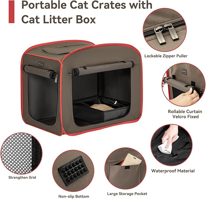 Petsfit Portable Cat Crate with Litter Box and Soft Cushion, Collapsible Pop Up Cat Kennel with Carrying Bag for Travel-Mewly Pet