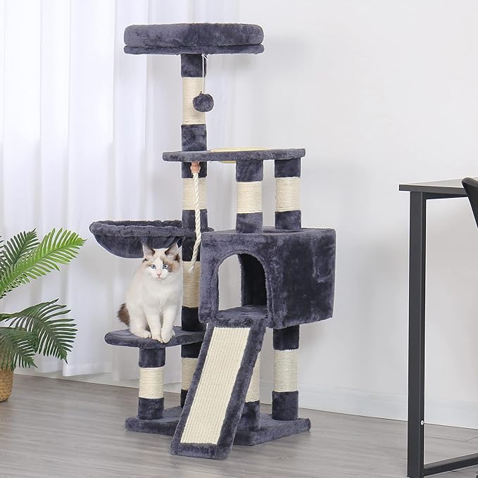 Heybly Cat Tree, Cat Tower for Indoor Cats with Scratching Board, Multi-Level Cat Furniture Condo with Feeding Bowl Smoky Gray HCT010SG-Mewly Pet